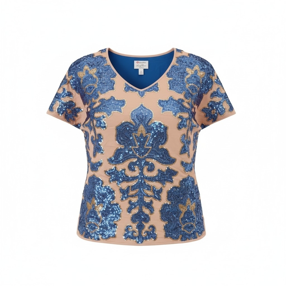 Fancy Reese Sequin Blue and Tan Sequin Top